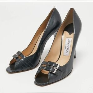 Jimmy Choo Metallic Gray Patent Leather Double Buckle Pumps